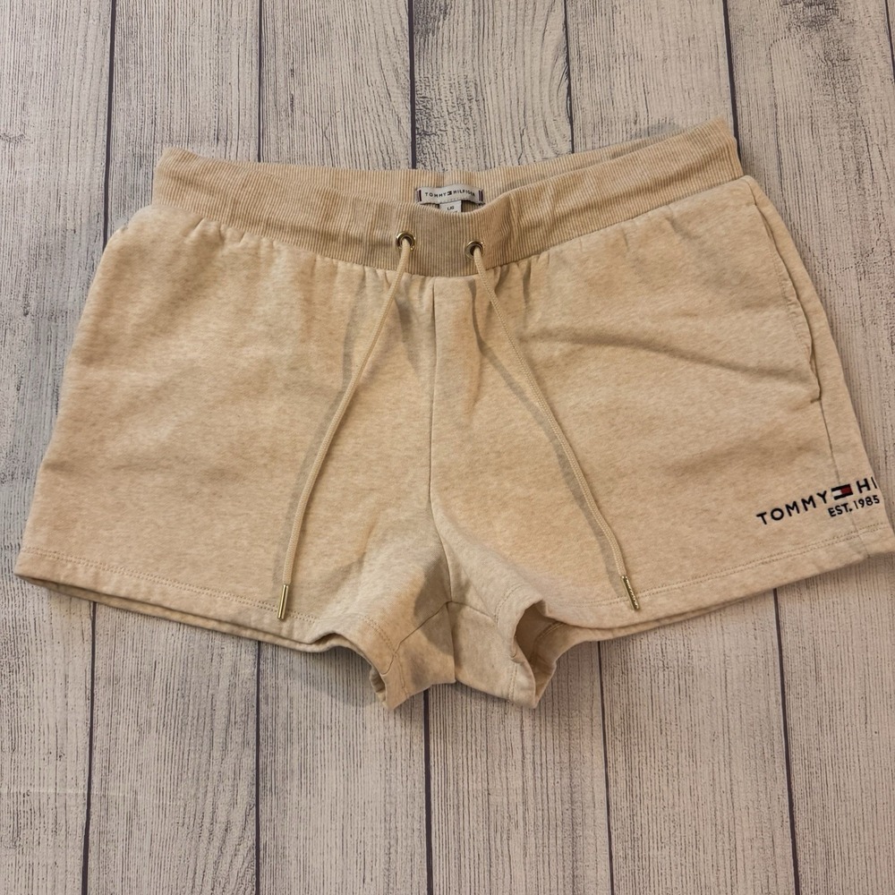 Tommy Hilfiger Women's Sweat Shorts Large Beige Logo Drawstring Lounge 17" Waist